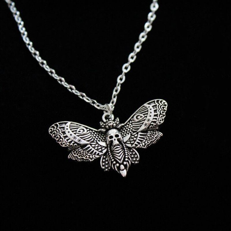 Halsketten Gothic Silber Mottenschädel Anhänger Halskette_voghion.com
