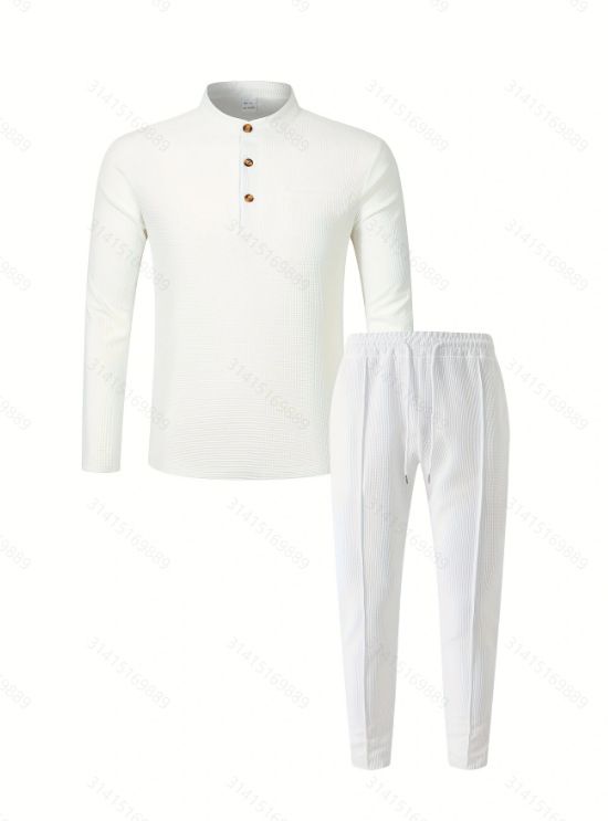 Herren-Set aus Waffelstrick-Poloshirt und -Hose – einfarbiges, lässiges Outfit mit Stehkragen und langen Ärmeln | leichter Komfort für den Alltag_voghion.com