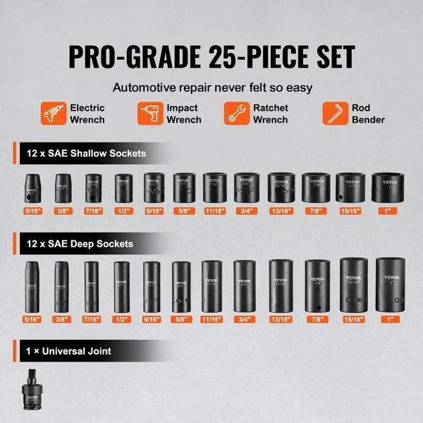 Impact Sockets Set 25pcs 6-Point 3/8in Drive Bit Ratchet Tool Kit Case_voghion.com