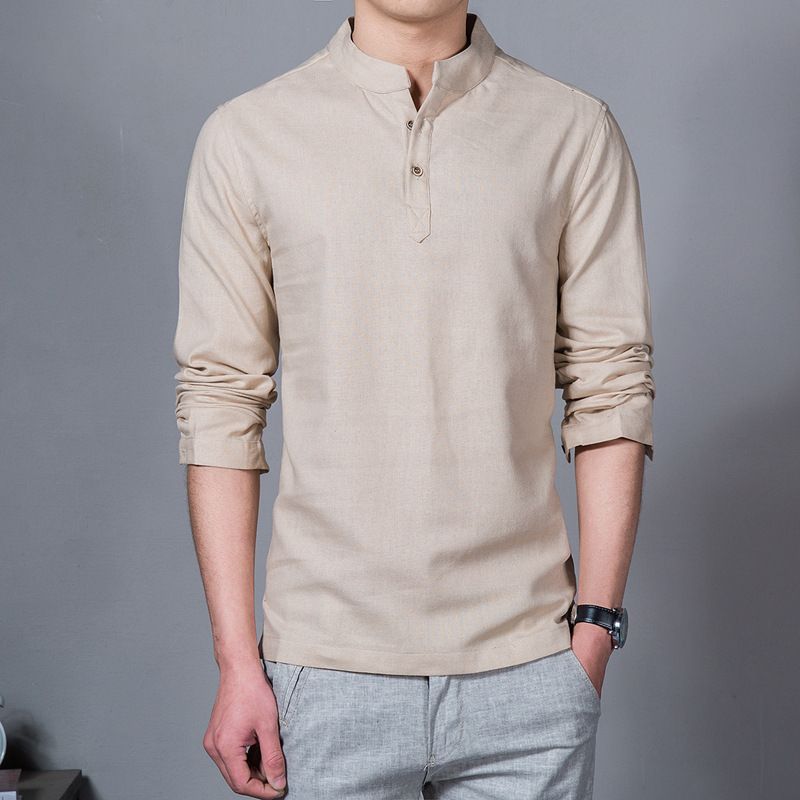 Camicia casual a maniche lunghe in cotone e lino da uomo slim fit, polo tinta unita con colletto alto_voghion.com