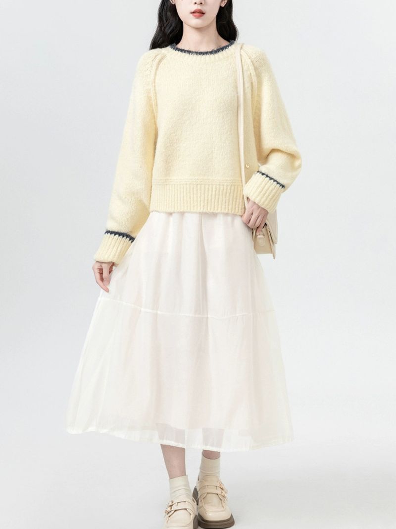 Mädchen-Strickpullover im koreanischen Stil, Herbst/Winter 2024, locker geschnitten, mit Farbblock-Design, vielseitig, weich, trendig für Damen_voghion.com