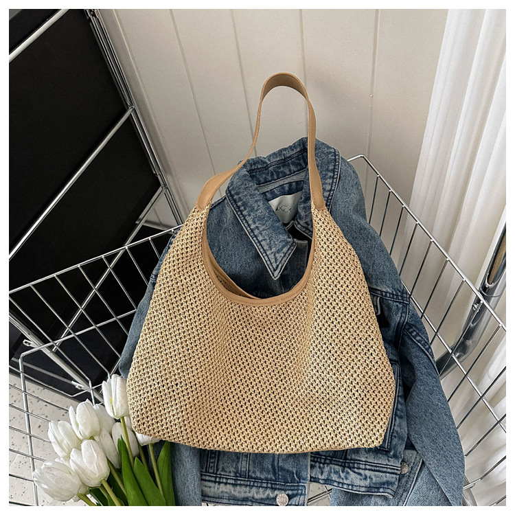 Sac tissé en herbe pour femmes, sac de loisirs de grande capacité, sac à bandoulière sous les bras occidental, nouvelle collection 2024_voghion.com