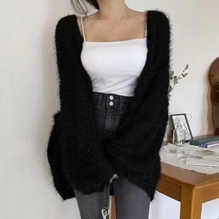 Women's Clothing Solid Color Imitation Mink Sweater Women's V-Neck Knit Cardigan - Lightweight & Stylish Open Front Sweater For Casual & Chic Outfits_voghion.com