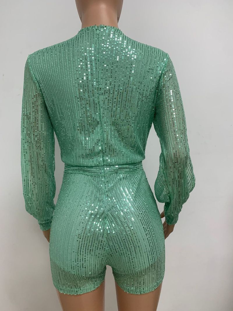 Damkläder jumpsuit mode smal långärmad slits paljettjumpsuit_voghion.com
