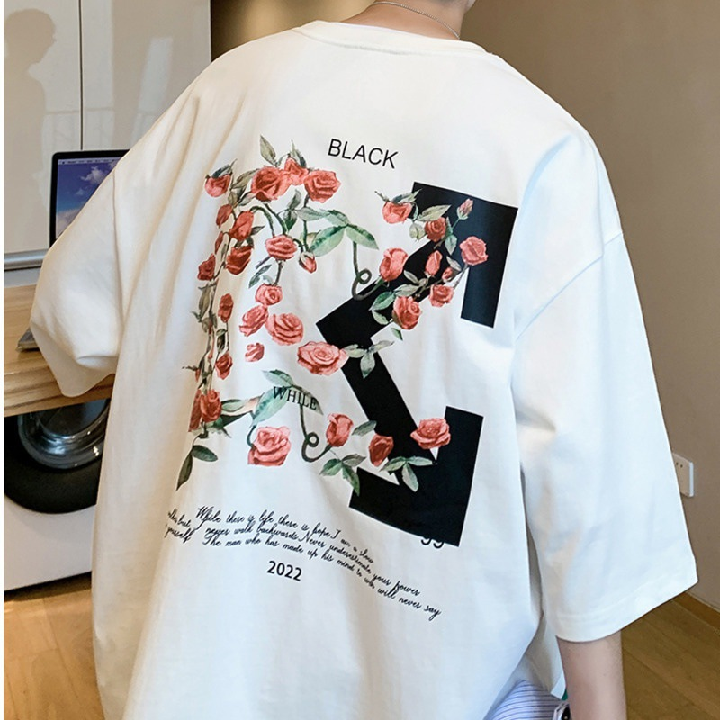 Abbigliamento maschile T-shirt a maniche corte da uomo, ampia, mezza manica, alla moda, girocollo, taglia grande, stile college estivo, casual, versatile_voghion.com