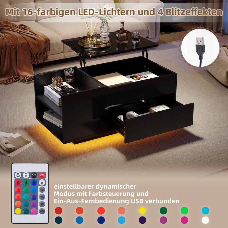 Table basse réglable en hauteur 95 x 48 x 42 cm avec rangement dissimulé, éclairage LED, tiroir et prise de courant - Table d'appoint de salon noire_voghion.com