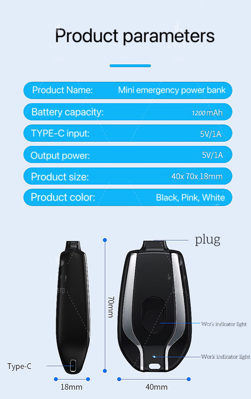 Kunjiuyou Mini Power Bank con Hebilla 1500mAh Gran Capacidad Carga rápida Cargador de batería móvil portátil Tvpe-C de Bolsillo-Negro_voghion.com