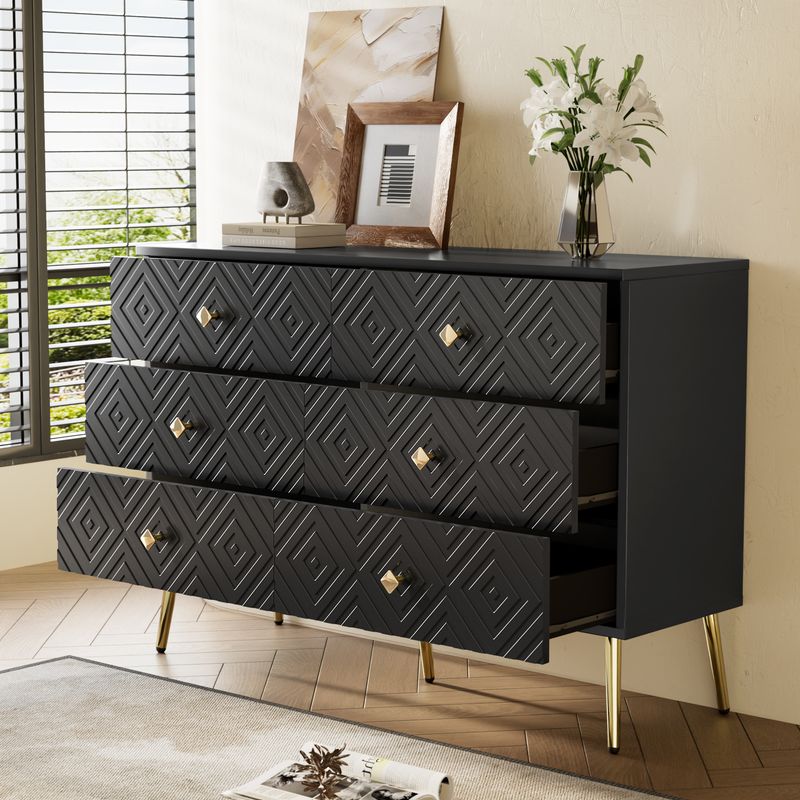 Kommode Schwarz 120x80cm Mit 6 Schubladen, Gold-Akzenten, Metallbeinen_voghion.com