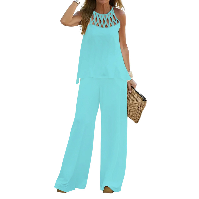 Women's casual fashion casual solid color mesh round neck sleeveless trousers two-piece set_voghion.com
