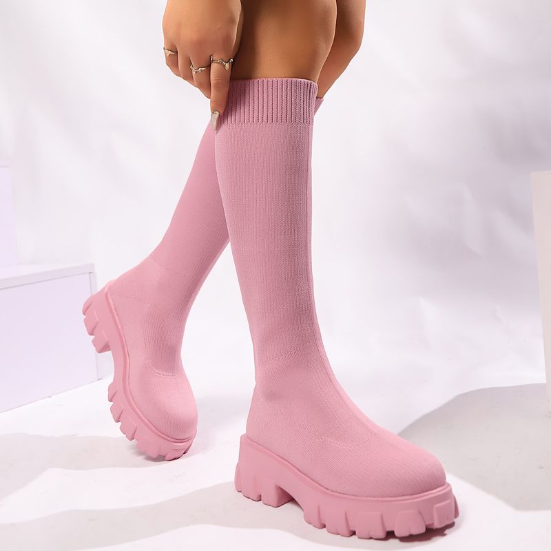Fly knitting socks boots women's new autumn and winter large size thick soled solid color round head long skinny boots_voghion.com