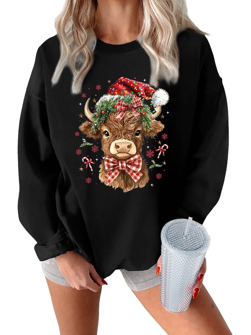Cute And Fun Women's Christmas Cow Print Thickened Warm Sweatshirt Base Shirt_voghion.com