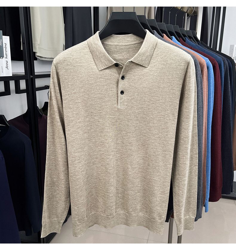 Men's Long Sleeve Knitted Sweater Spring Autumn Thin Wool Blend Turn-down Collar Middle-aged Base Shirt Top_voghion.com