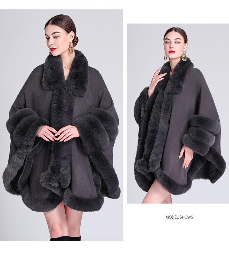 Pelerină cu guler de blană, cardigan tricotat lejer, mărime plus, pelerină pentru femei_voghion.com