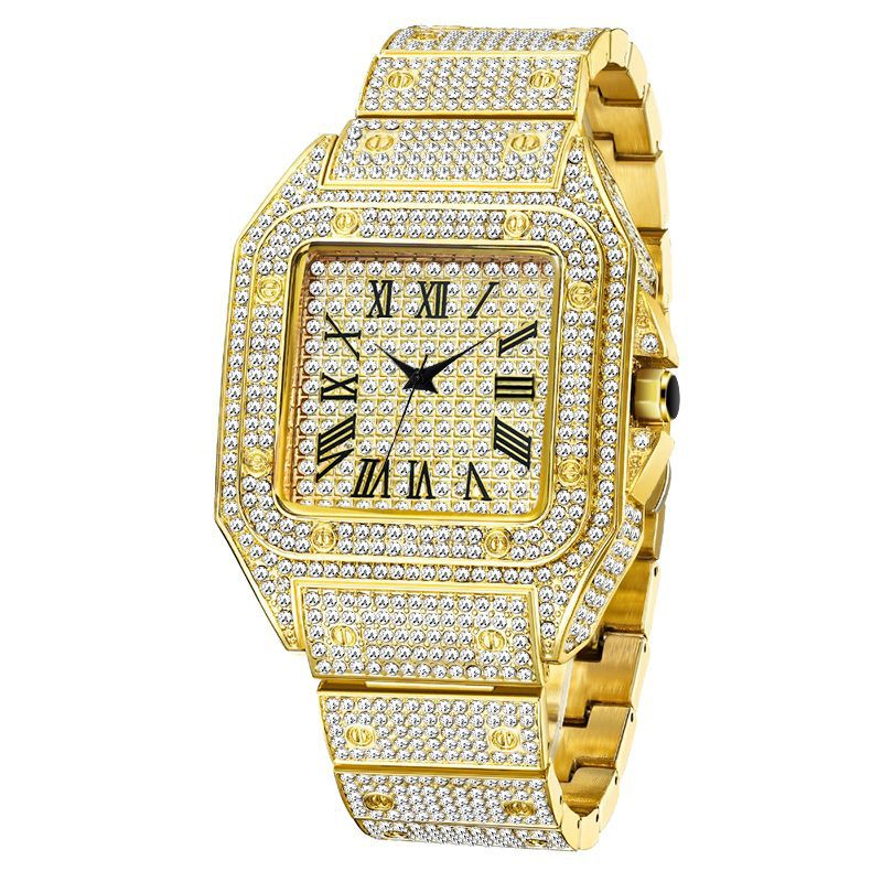 Men's Luxury Square Watch - Gold Roman Numerals, Full Crystal Dial, Swiss Quartz Movement_voghion.com