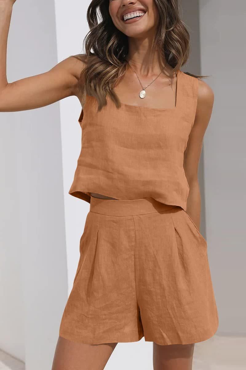 Abito casual da donna in 2 pezzi, pantaloncini di lino, gilet senza maniche_voghion.com