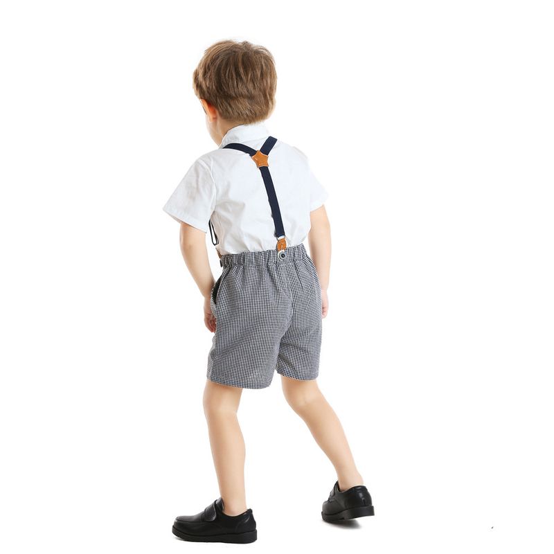 Children's Spring and summer new boys' suit lapel short-sleeved white shirt dress houndstooth plaid overalls shorts_voghion.com