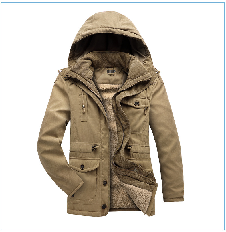 Men's Plus Size Shearling Hooded Cotton Jacket Thickened Multi-Pocket Cotton Top Casual Mid-Length Coat_voghion.com