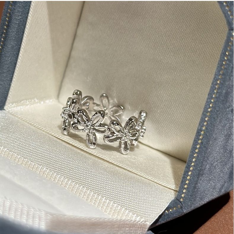 S925 Sterling Silver Flower Ring Medieval Niche Design Simple Vintage French Hollow Flower Opening Ring_voghion.com