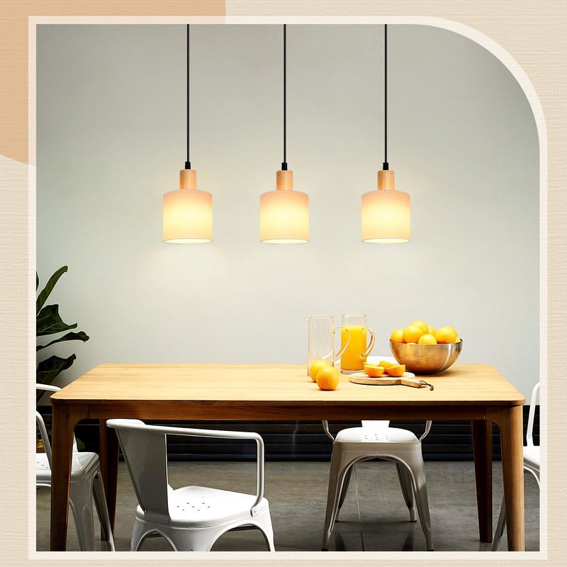 Glitzerlife Pendelleuchte Weiß Esstisch Hängelampe Holz - Vintage E14 Hängeleuchte Rustikal Hängend Pendellampe Stoffschirm Für Küche Wohnzimmer Arbeitszimmer_voghion.com