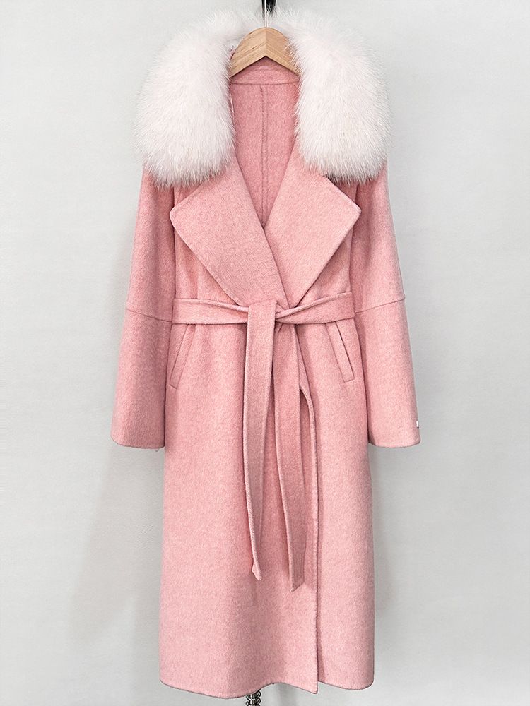 Elegant-Style Women's Wool Coat With Fox Fur Collar, Belted Double-Faced Long Tweed Coat_voghion.com
