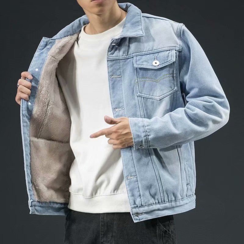 Winter-Jeansjacke mit Fleecefutter für Herren – Locker sitzender Arbeitsmantel mit mehreren Taschen, dicker, warmer Freizeit-Streetwear (Dunkelblau/Hellblau)_voghion.com