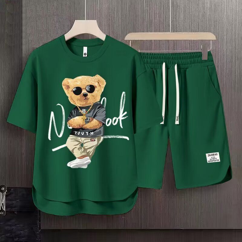 Meeste rõivad 2024 Vahvliga vabaaja suveülikond Meeste avar teismeliste lühikeste varrukatega T-särk Lühikesed püksid Nägus kaheosaline ülikond_voghion.com