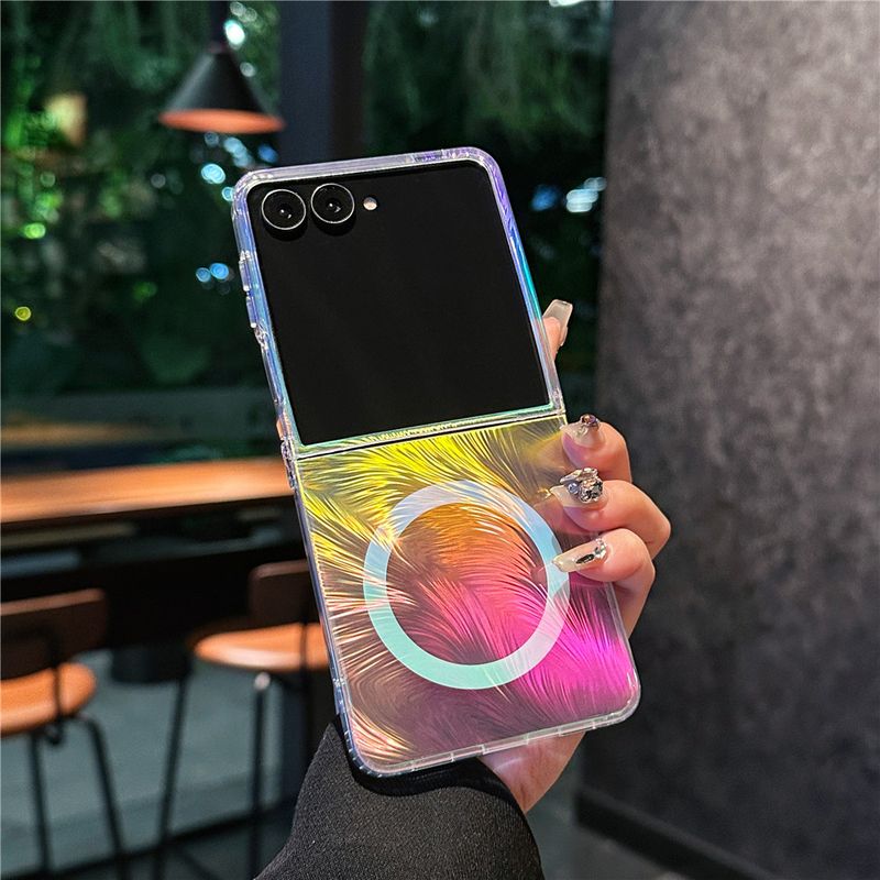 Mobile Phone Case For Samsung Zflip7 Folding Mobile Phone Case Gradual Change Galaxy Zflip6 Feather Color Plating 5th Generation Magnetic Case_voghion.com