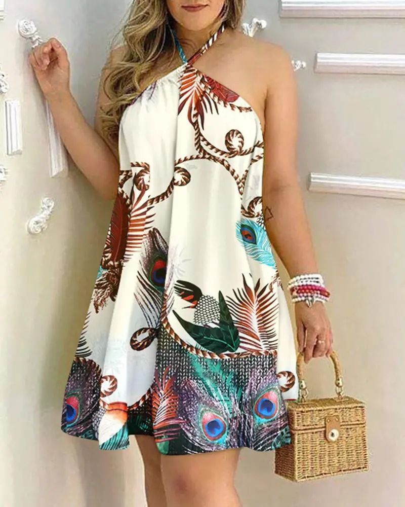 2025 Summer Printed Shoulder Hanging Neck Strap Loose Women's Dress For Women_voghion.com