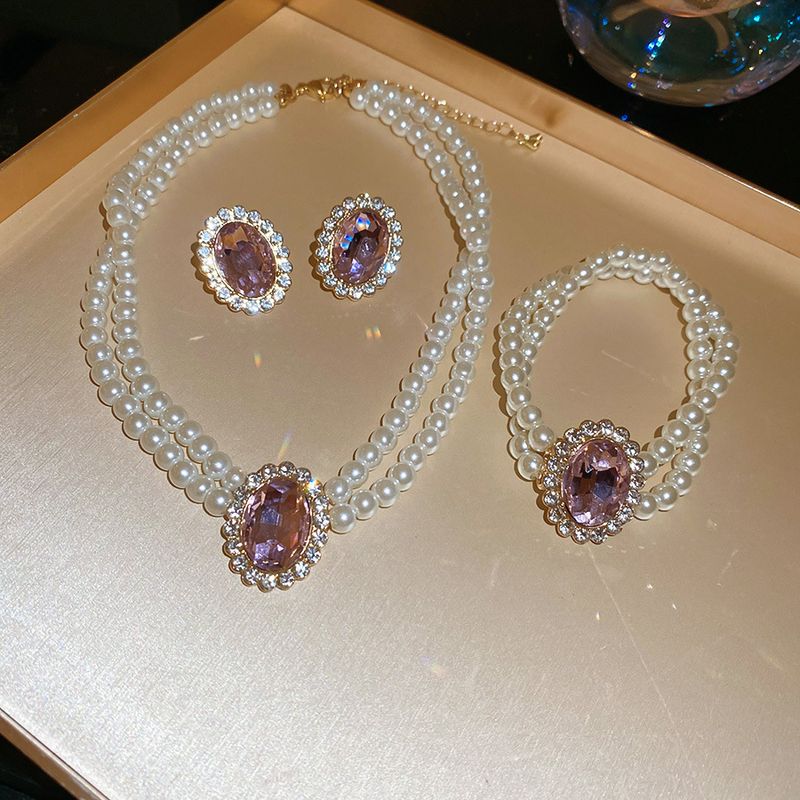 Inlaid Diamond Pearl Oval Pendant Necklace Set Fashion Choker Collarbone Chain Light Luxury High-end Sense Jewelry_voghion.com
