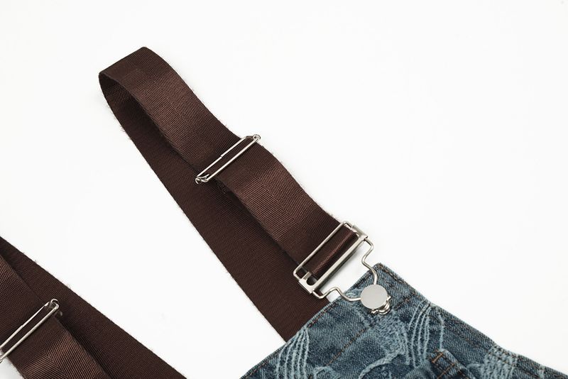 Salopette in denim con motivo jacquard a fiori da uomo, modello alla moda, pantaloni a gamba dritta larghi e casual, canotta monopezzo_voghion.com