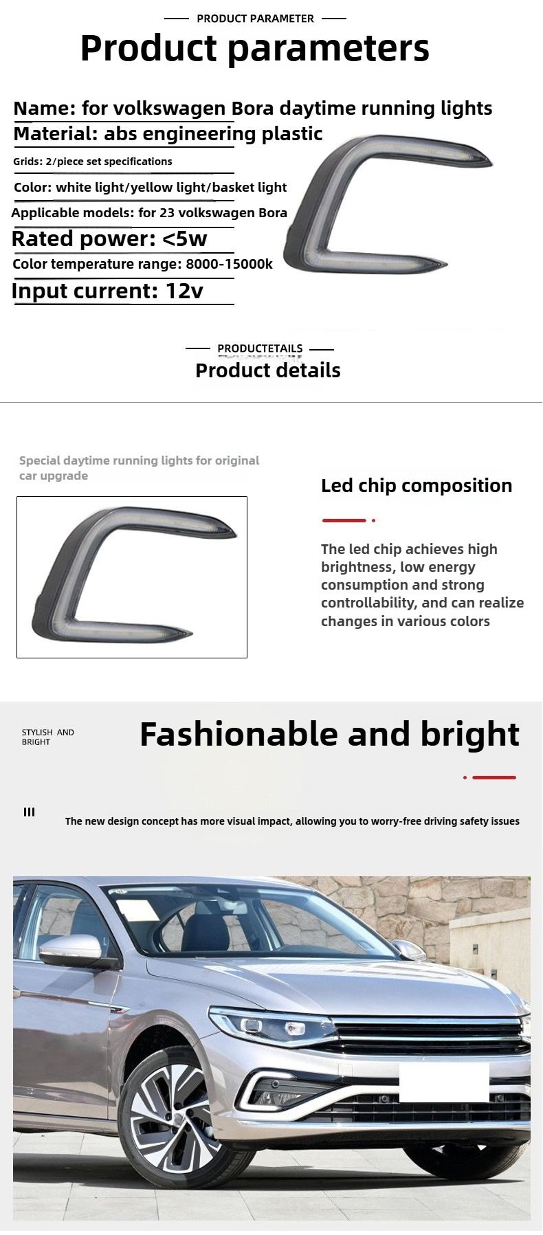 For Volkswagen VW Bora 2023 2024 2Pcs LED Daytime Running Light Daylights With Dynamic Turn Signal DRL Front Bumper Fog Lamp_voghion.com