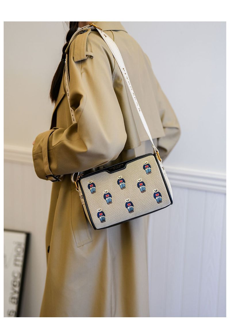 Women's Bags canvas contrast color embroidery wide shoulder strap bag _voghion.com