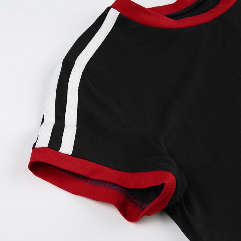 T-shirt da donna in stile retrò americano, vestibilità slim, girocollo, manica lunga, stampa a righe – Tessuto in maglia confortevole con design a blocchi di colore_voghion.com