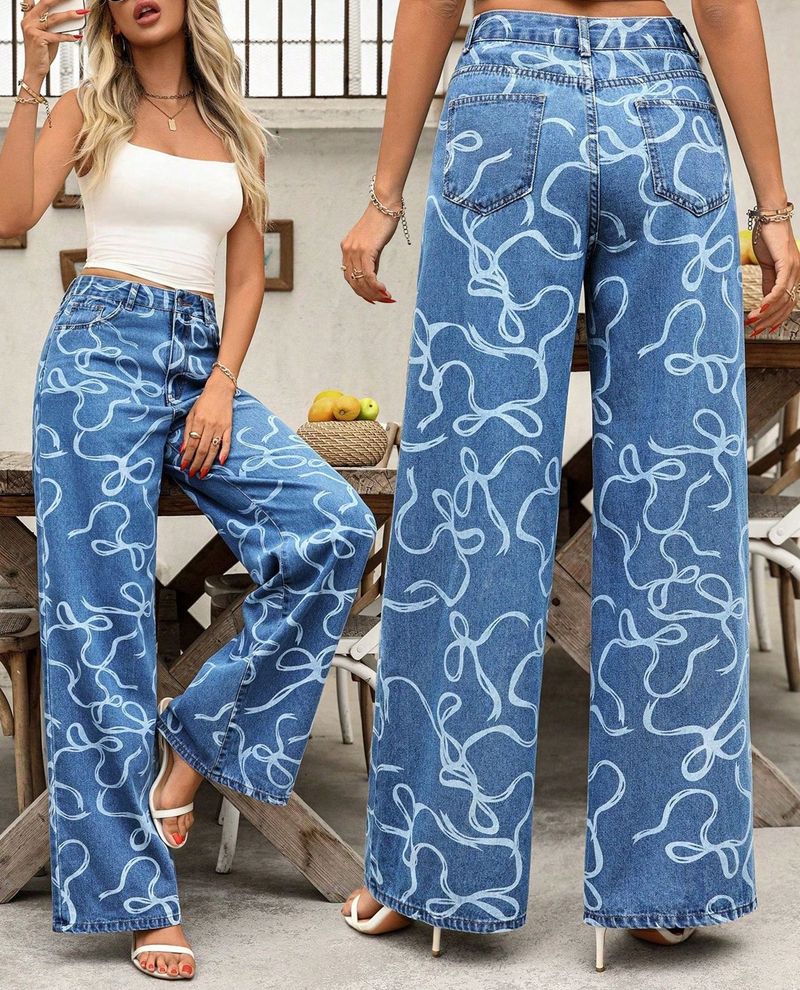 Pantaloni larghi in denim lavato da donna, casual, con stampa, a gamba larga - Comodi pantaloni a vita alta in misto cotone per tutti i giorni (blu, XS/S/M/L/XL)_voghion.com