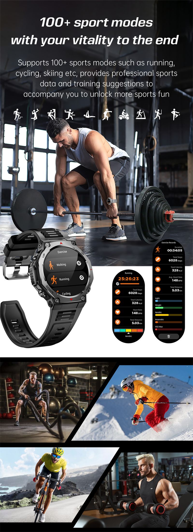 Orologio intelligente robusto per sport all'aria aperta KT85, display HD AMOLED da 1,43", batteria a lunga durata da 525 mAh, monitoraggio del fitness, calorie e distanza._voghion.com