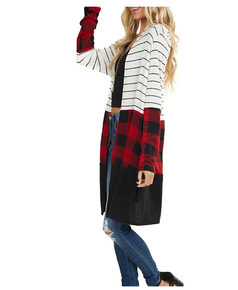 Women's Clothing Knitted Sweater Autumn and Winter New Stripes Contrast Color Splicing Plaid Casual Jacket_voghion.com