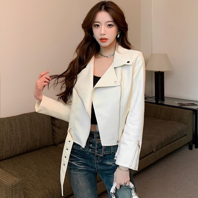 Veste courte noire en cuir PU de style américain pour femme, nouveau design printemps-automne 2024_voghion.com