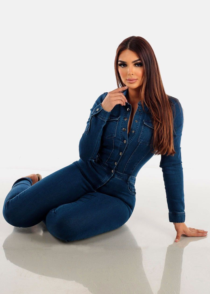 Women's fashion wash denim jumpsuit_voghion.com