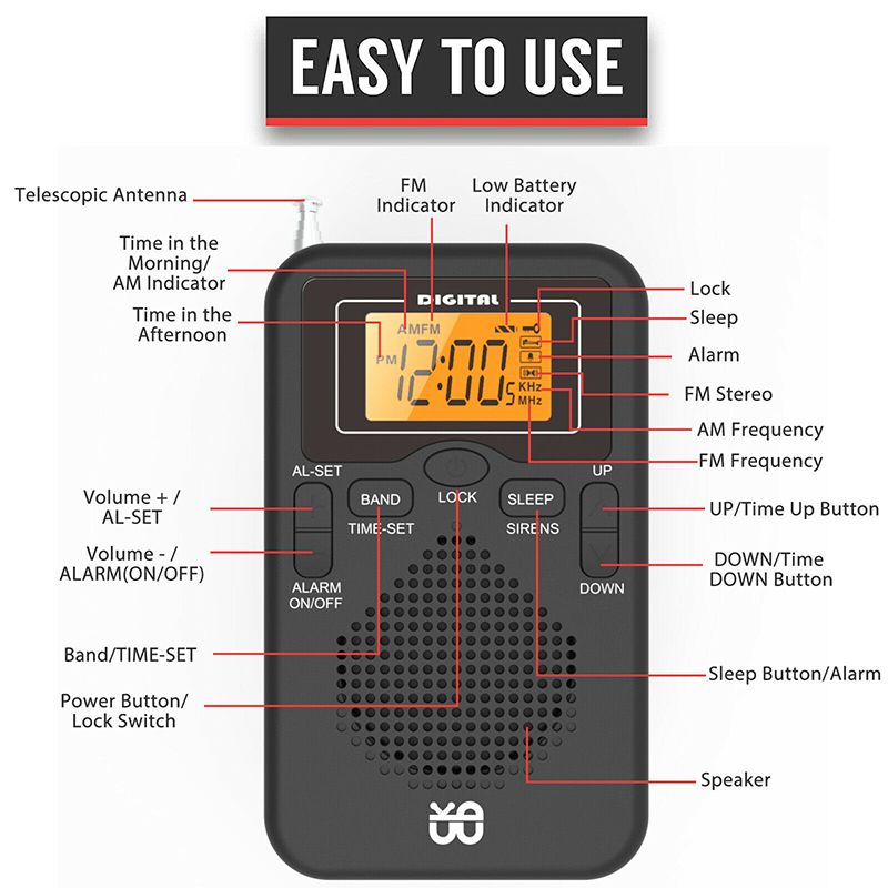 Mini rádio despertador portátil AM FM com tela LCD, rádio de bolso com alarme digital e melhor recepção de longo alcance_voghion.com