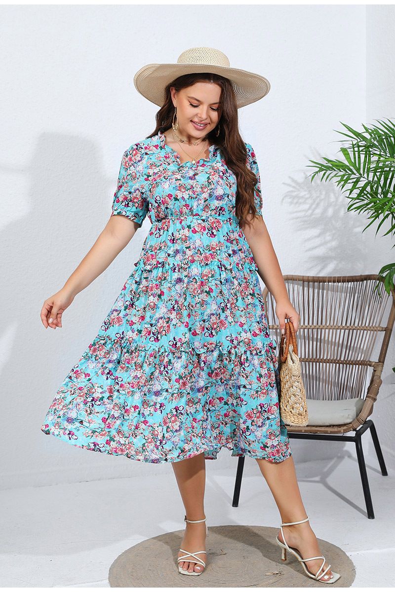 Women's large-size chiffon dress ruffled V-neck elastic waist floral mid-length skirt_voghion.com