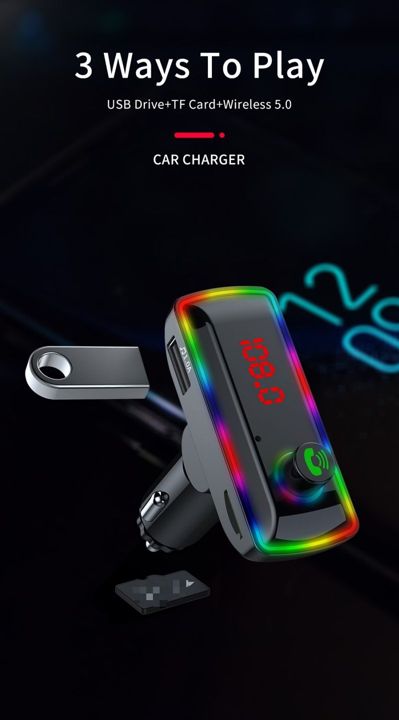 Nabíječka do auta Nabíječka mobilního telefonu Bluetooth handsfree volání Hlasová navigace USB port s funkcí nabíjení 3,1 A Barevné ambientní osvětlení FM vysílač_voghion.com