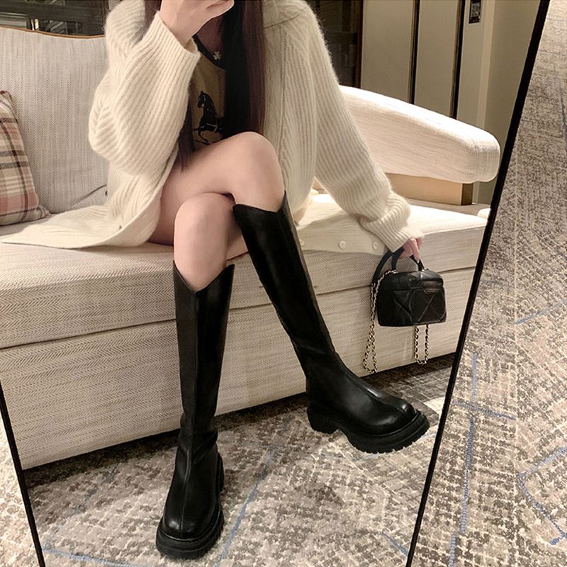 Grape Mom Reitstiefel im gleichen Stil mit hohem Absatz, dicker Sohle, Overknee-Stiefel in Übergröße, weit, mit Fleece gefüttert, lange Röhre für Damen_voghion.com