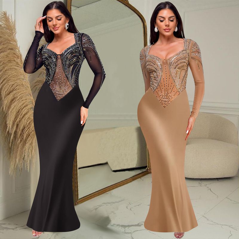 Women's Clothing Diamond Solid Color Long Sleeve Dress_voghion.com