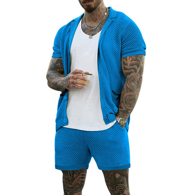 Herrenbekleidung Herrenmode aushöhlen durchsichtig cool lässig dünne Oberbekleidung Herren Kurzarm Shorts Set_voghion.com