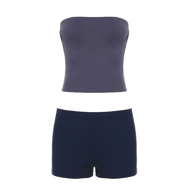 Audday Street Style Casual Sports Color-Block Two-Piece Sleeveless Hot Girl Tube Top + Low Waist Hip-Lifting Shorts Set_voghion.com