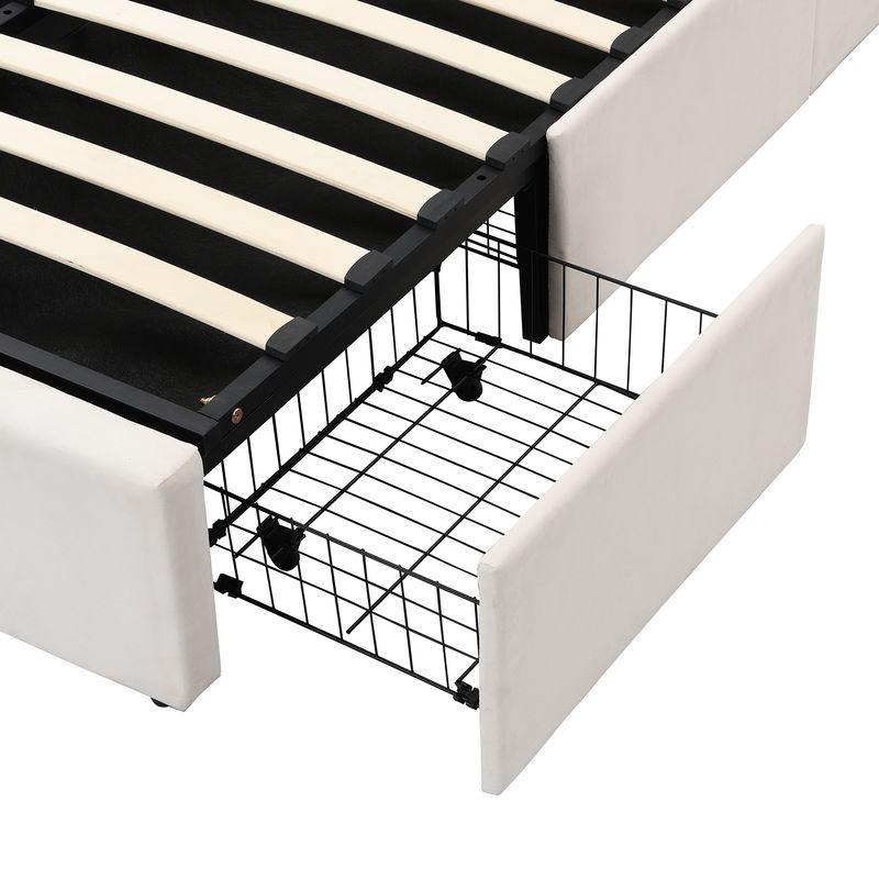 Lit coffre hydraulique 140 x 200 cm, 3 tiroirs, cadre de lit capitonné en velours beige avec sommier à lattes et tête de lit, matelas non inclus._voghion.com