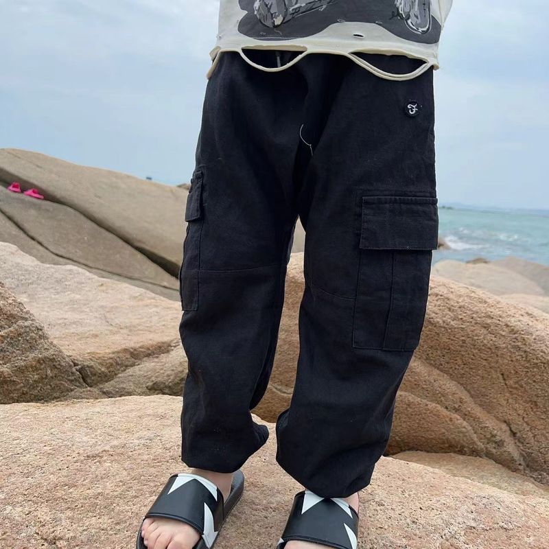 Pantalones cargo de lino para niños: joggers unisex transpirables con bordado y cintura ajustable con cordón | Pantalones casuales suaves para niños y niñas (90-140 cm)_voghion.com