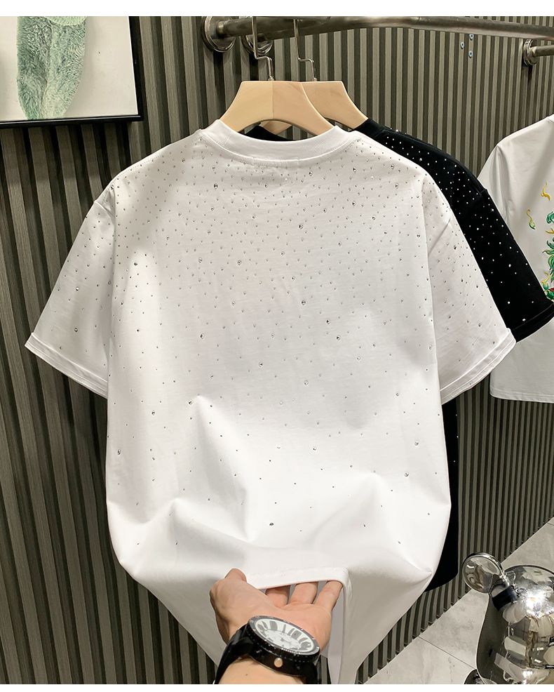 Marca de moda europea de moda ligera de lujo para hombres, pantalones cortos de Internet, celebridades, nicho, diamantes calientes, cuello redondo de alta gama_voghion.com
