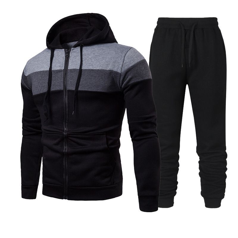 Spring And Autumn Fashion Color Block Patchwork Hooded Running Outdoor Sports Set Men's Sweatshirt_voghion.com