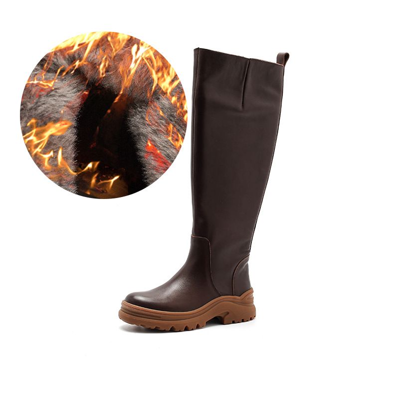 Stivali da motociclista lunghi da donna in vera pelle con tacco medio e suola spessa, con fodera in pile per il calore_voghion.com